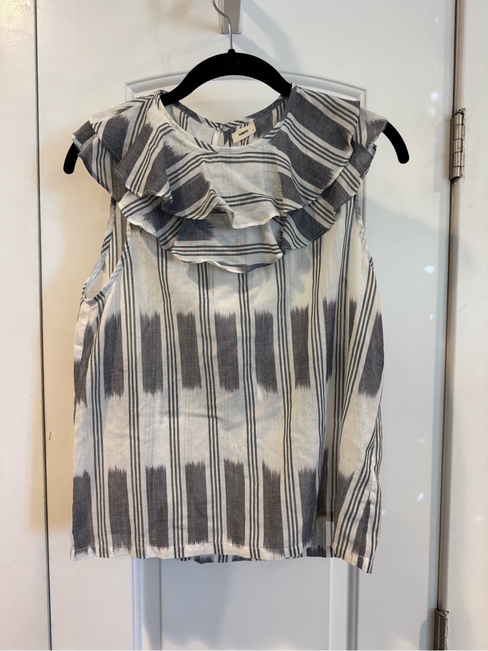 WARM Striped Ruffle Neck Sleeveless Top Gray & White SIZE S